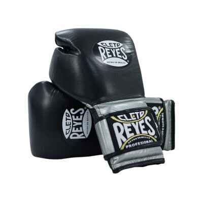 Cleto Reyes Training Gloves - Professional High-Compression Hook & Loop Sparring Gloves in Black & Silver - All Sizes Available