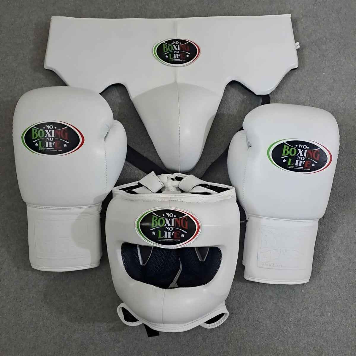 No Boxing No Life Professional Gloves, Headguard, and Groinguard Set - All-White Custom Edition - PunchPro Boxing