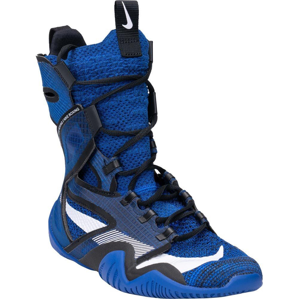 A Custom Nike HyperKO 2 boxing shoe in a vibrant blue and black colorway, featuring a black structural exoskeleton and white detailing, displayed on a white background.