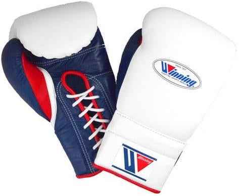 Winning Custom Boxing Gloves - Professional Lace-Up Design in Navy, White & Red
