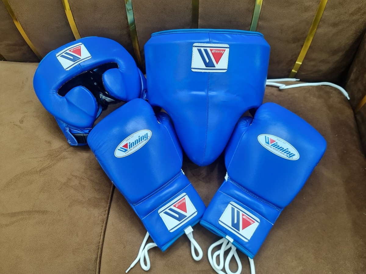 Winning Professional Boxing Training Set - Blue (Gloves, Headgear & Groin Guard) - PunchPro Boxing