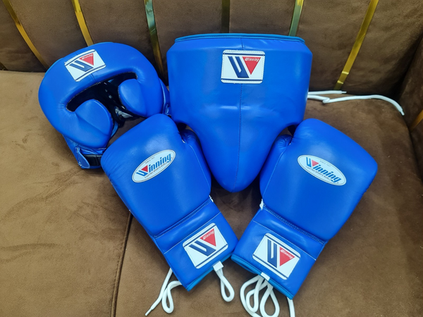 Winning Professional Boxing Training Set - Blue Gloves, Headgear & Groin Guard for Serious Boxers
