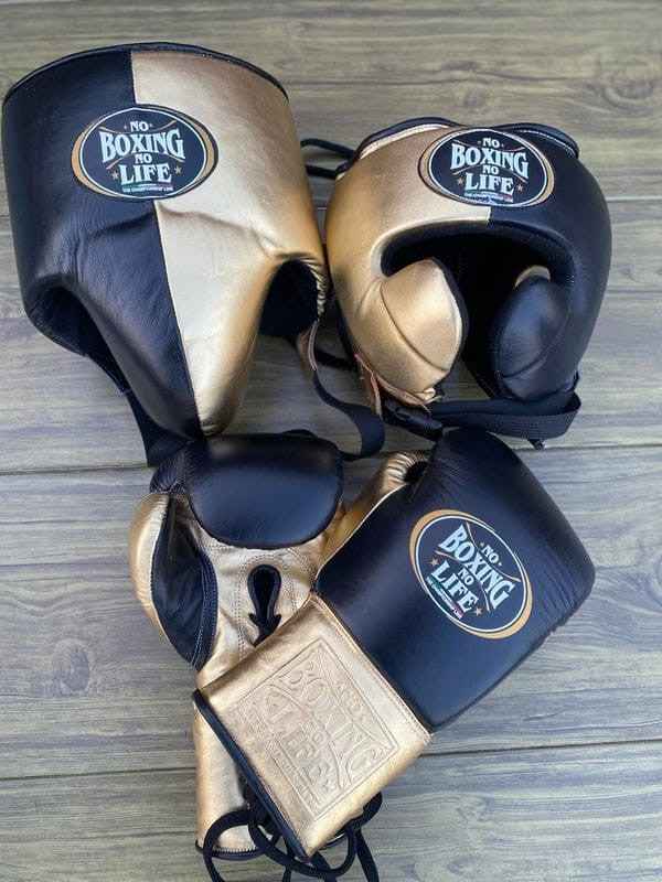 No Boxing No Life Gloves Set - Professional Gloves, Headguard, and Groinguard Set in Black & Metallic Gold Custom Edition - PunchPro Boxing