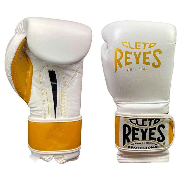Cleto Reyes Training Gloves - High-Compression Hook & Loop Sparring Gloves in Arctic White & Gold - Available in All Sizes