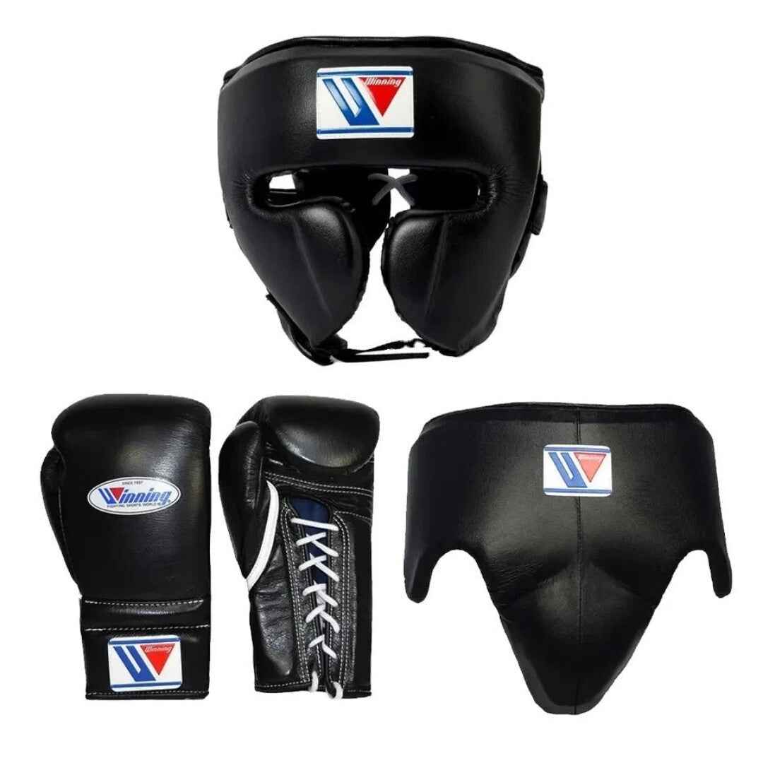Winning black boxing sparring set showing gloves, headgear and groin guard together