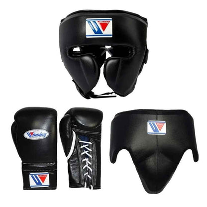 Winning black boxing sparring set showing gloves, headgear and groin guard together