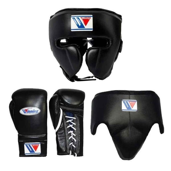 Winning Professional Boxing Training Set - Black (Gloves, Headgear & Groin Guard)