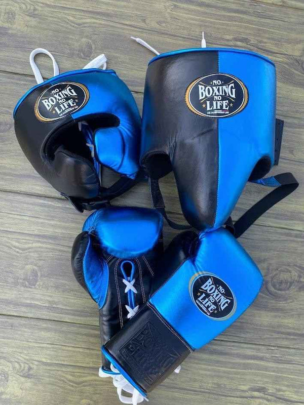 No Boxing No Life Boxing Set - Blue & Black Gloves, Headgear & Groin Guard | Authentic Mexican Gear (8oz–16oz)