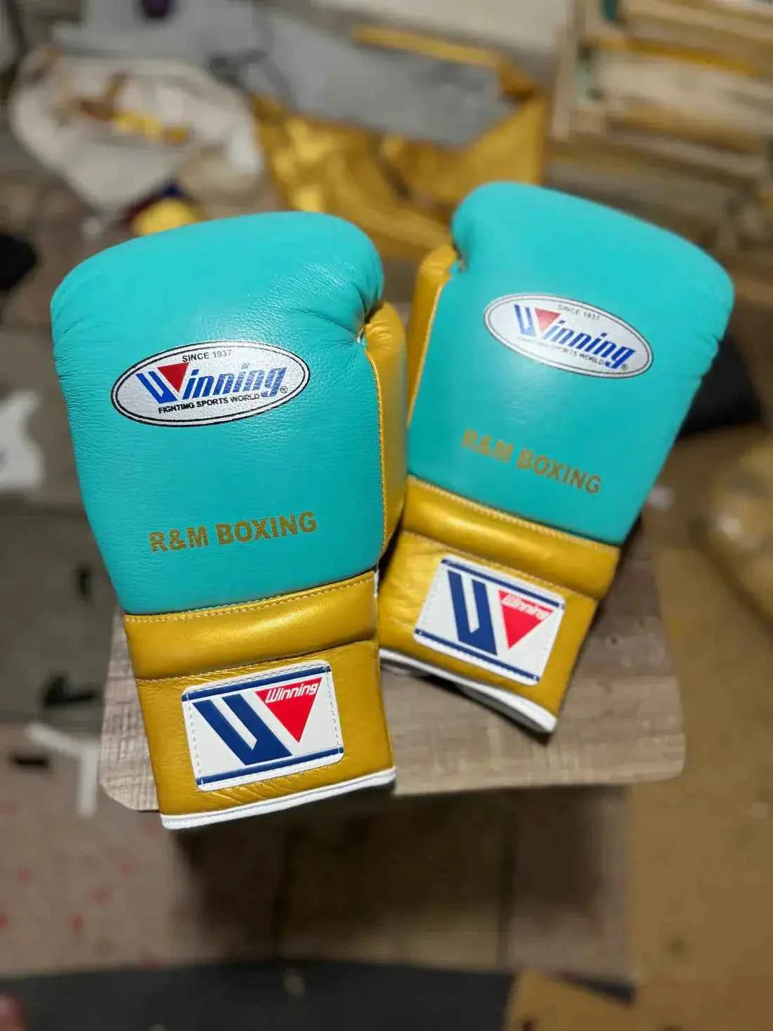 Winning Professional Velcro Boxing Gloves - Custom Teal & Gold - PunchPro Boxing