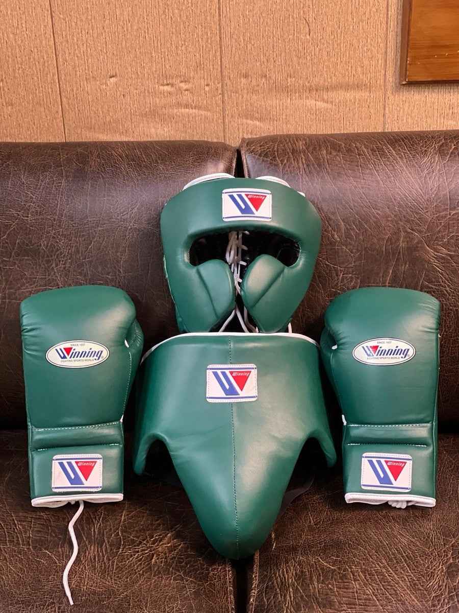Winning Professional Boxing Training Set - Forest Green (Gloves, Headgear & Groin Guard) - PunchPro Boxing