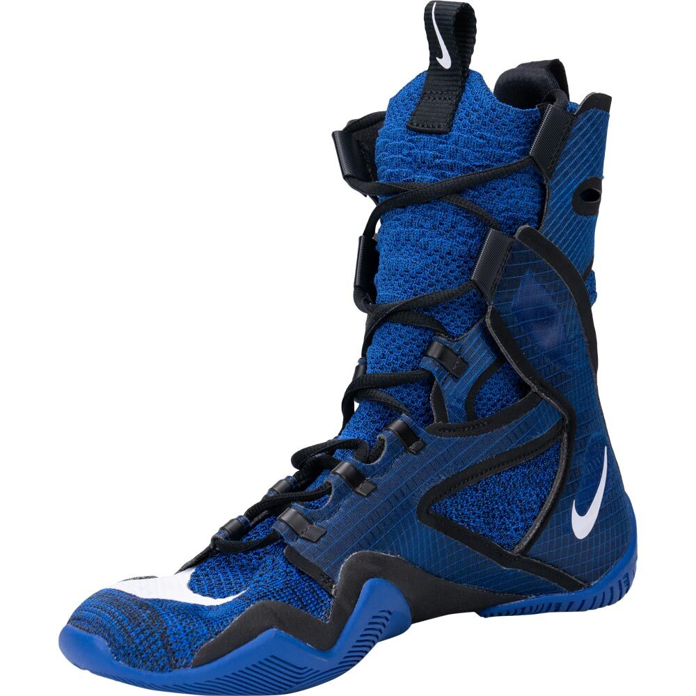 A Nike high-top basketball shoe in royal blue and black with white swoosh accents, shown from a three-quarters angle on a white background.