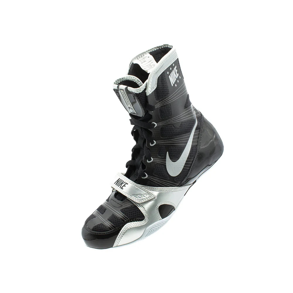 Custom Nike HyperKO boxing shoes in black and silver, forefoot strap close-up