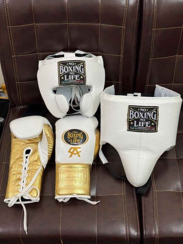 No Boxing No Life Boxing Gear Set - Professional Gloves, Headguard, and Groinguard Set in White & Metallic Gold Custom Edition