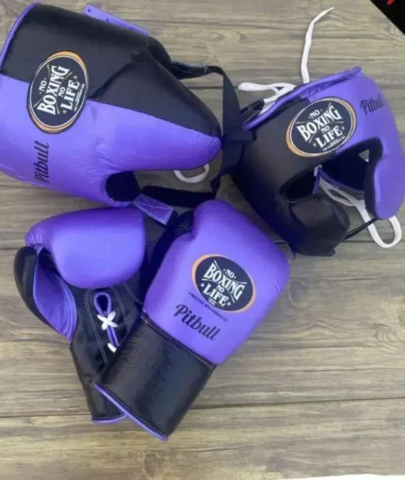 No Boxing No Life Gloves Set - Professional Gloves, Headguard, and Groinguard Set in Purple & Black Custom Edition - PunchPro Boxing