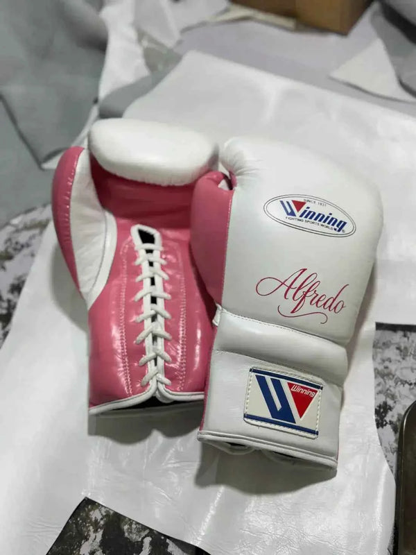 Winning Custom Lace-Up Boxing Gloves - Premium White & Red Pro Training Gloves for Ultimate Performance