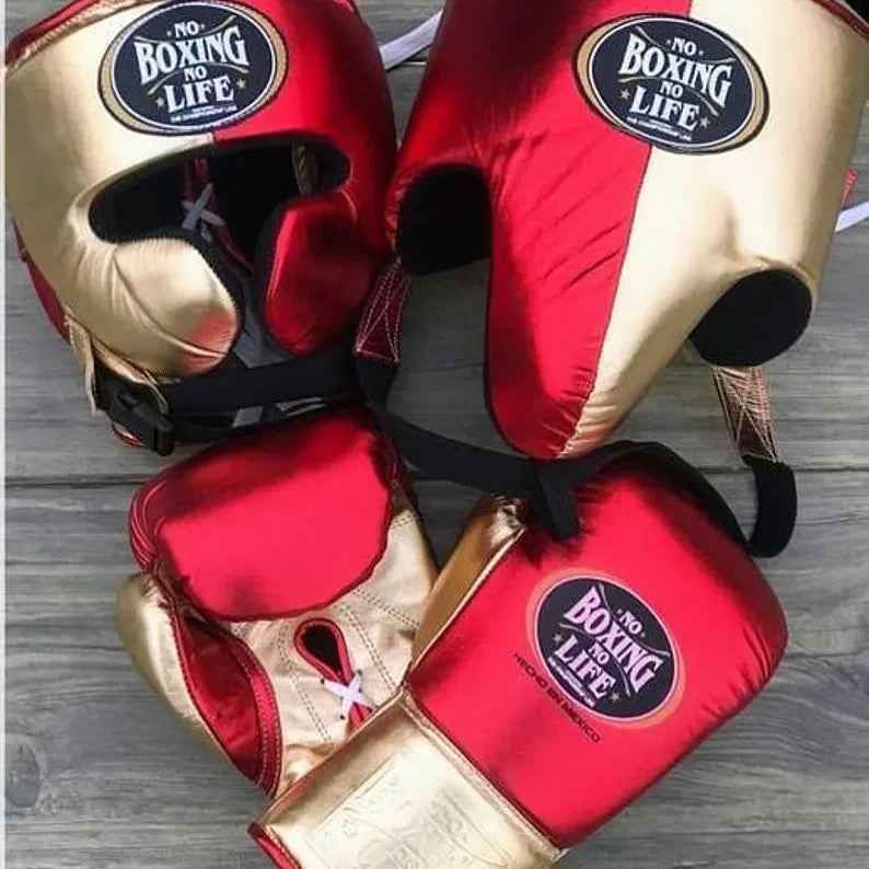 No Boxing No Life Red & Gold Complete Boxing Set (8oz–20oz) – Gloves, Headgear & Groin Guard for Professional Training & Sparring - PunchPro Boxing