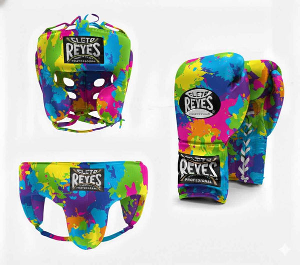 Cleto Reyes Custom Boxing Gear Set - Professional Gloves, Headguard, and Groinguard in Multicolor Paint Splatter Edition