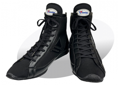 A pair of Winning boxing shoes in a sleek all-black colorway, featuring a high-top design and the Winning logo on the tongue, displayed on a white background.