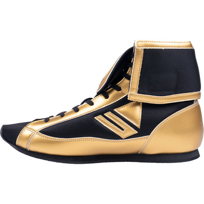 Black and gold high-top boxing shoes, heel and ankle collar detail