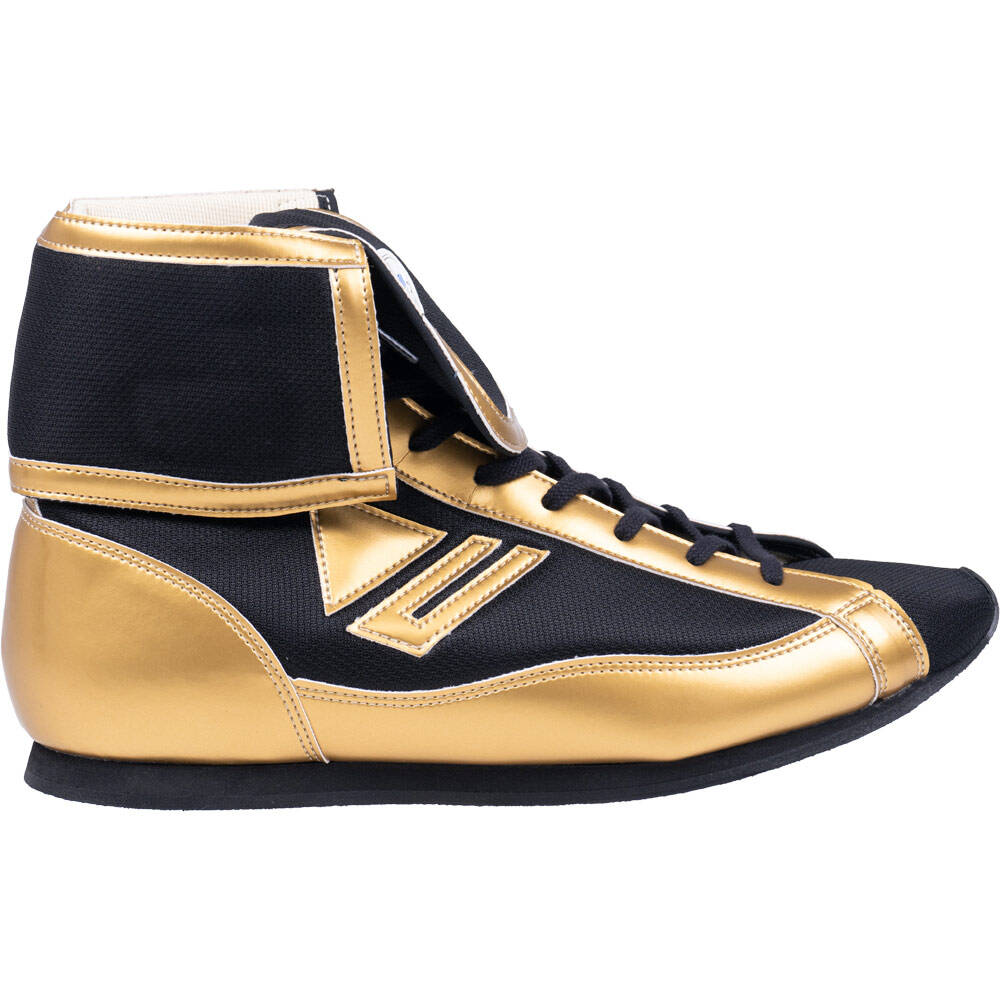 Black and gold high-top boxing shoes, top-down lacing view