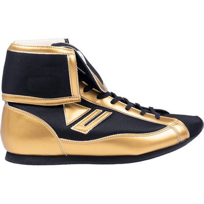 Black and gold high-top boxing shoes, top-down lacing view