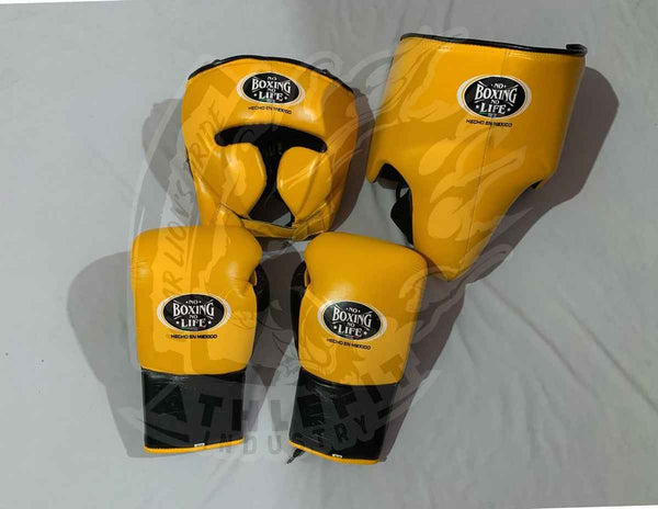 No Boxing No Life Gloves Set - Professional Gloves, Headguard, and Groinguard Set in Mustard Yellow & Black Custom Edition