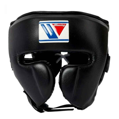 Full black Winning boxing set laid out with gloves, headgear and groin guard