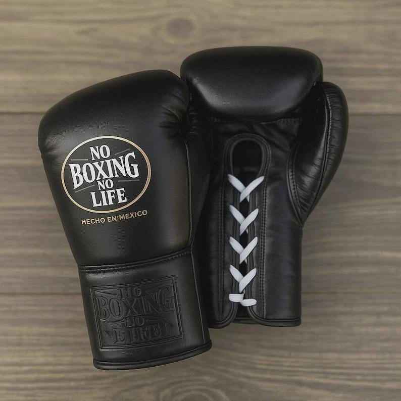 No Boxing No Life Professional Lace-Up Boxing Gloves - Matte Black Edition - PunchPro Boxing