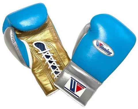 Winning Professional Lace-Up Boxing Gloves - Custom Sky Blue, Silver & Gold - PunchPro Boxing