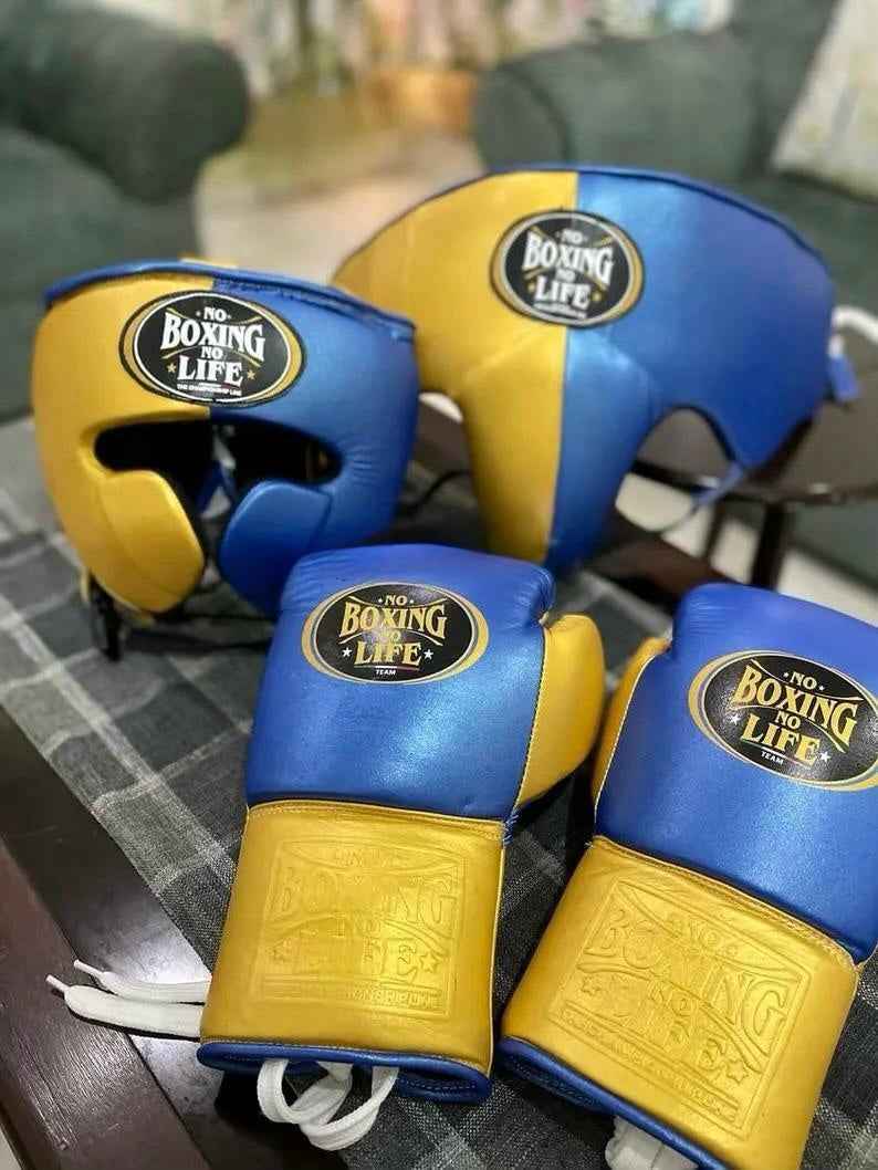 No Boxing No Life Gloves Set - Professional Gloves, Headguard, and Groinguard Set in Royal Blue & Mustard Gold Custom Edition - PunchPro Boxing