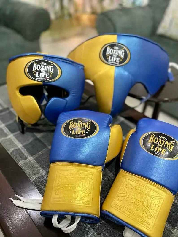 No Boxing No Life Gloves Set - Professional Gloves, Headguard, and Groinguard Set in Royal Blue & Mustard Gold Custom Edition