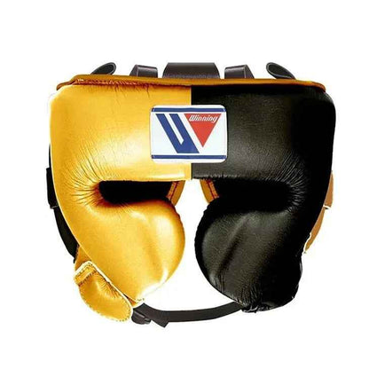 Metallic gold and black boxing headgear from the custom sparring set
