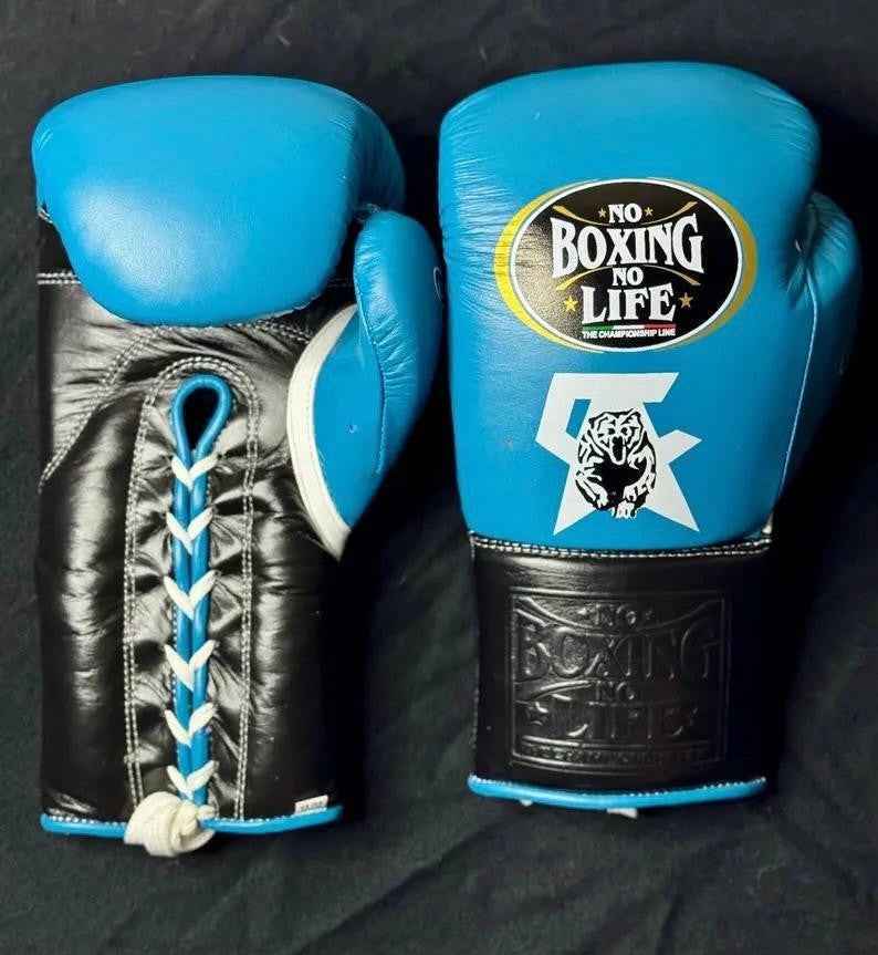 No Boxing No Life Professional Lace-Up Boxing Gloves - Sky Blue & Black Edition - PunchPro Boxing
