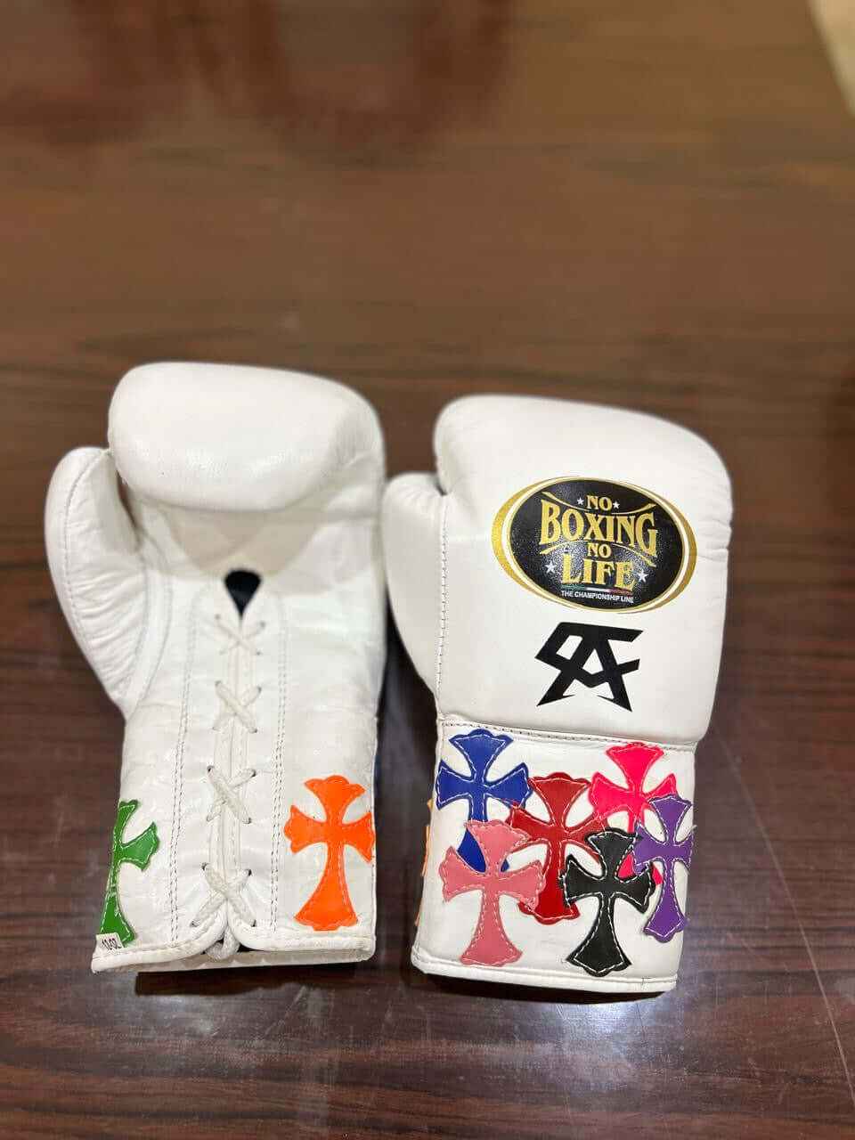 No Boxing No Life Professional Lace-Up Boxing Gloves - White Multi-Color Cross Patch Edition for Ultimate Performance - PunchPro Boxing