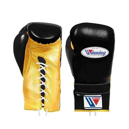 Metallic gold and black lace-up boxing gloves from the custom Winning set