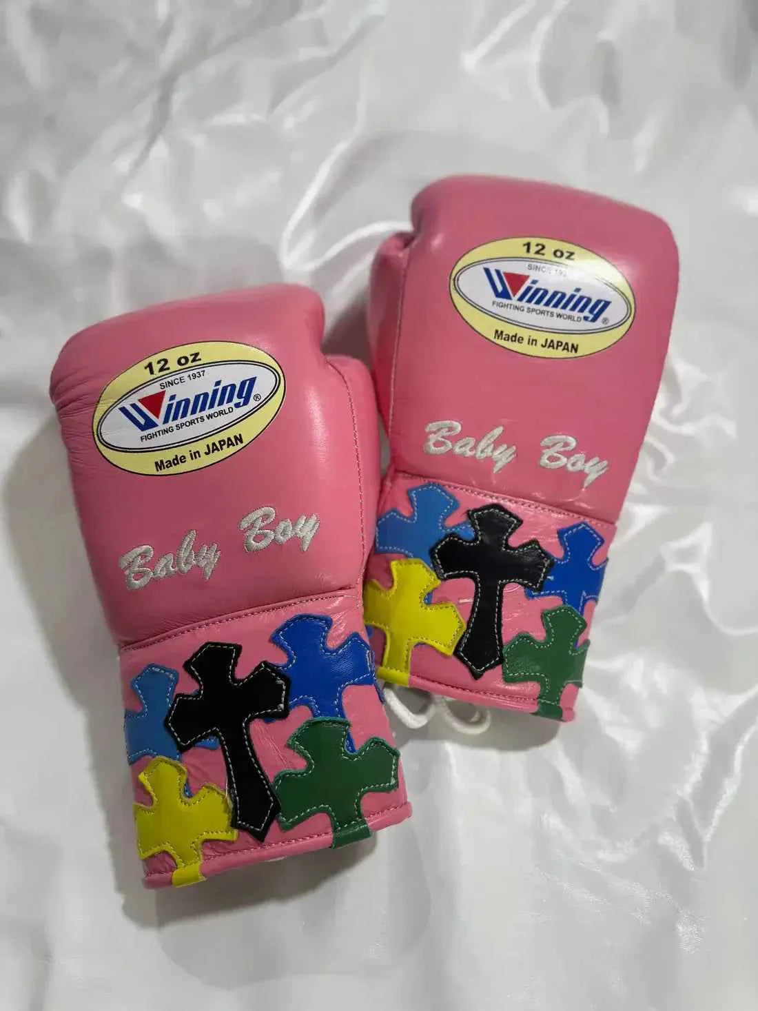 Winning Professional Lace-Up Boxing Gloves - Custom Pink with Cross Patchwork - PunchPro Boxing