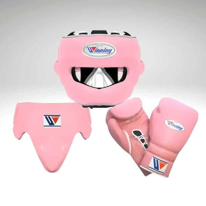 Winning baby pink boxing sparring set with gloves, headgear and groin guard