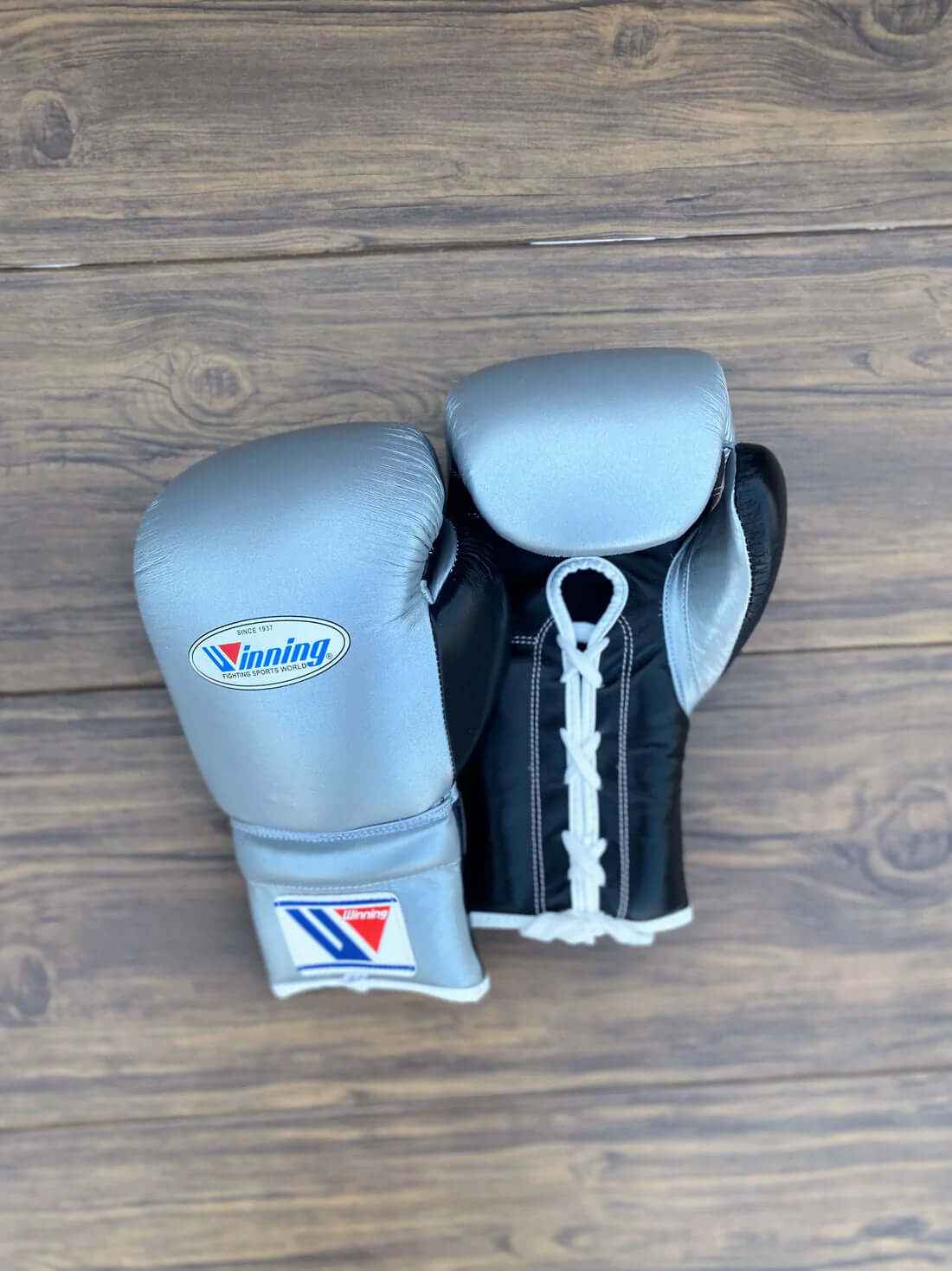 Winning Professional Lace-Up Boxing Gloves - Silver & Black - PunchPro Boxing