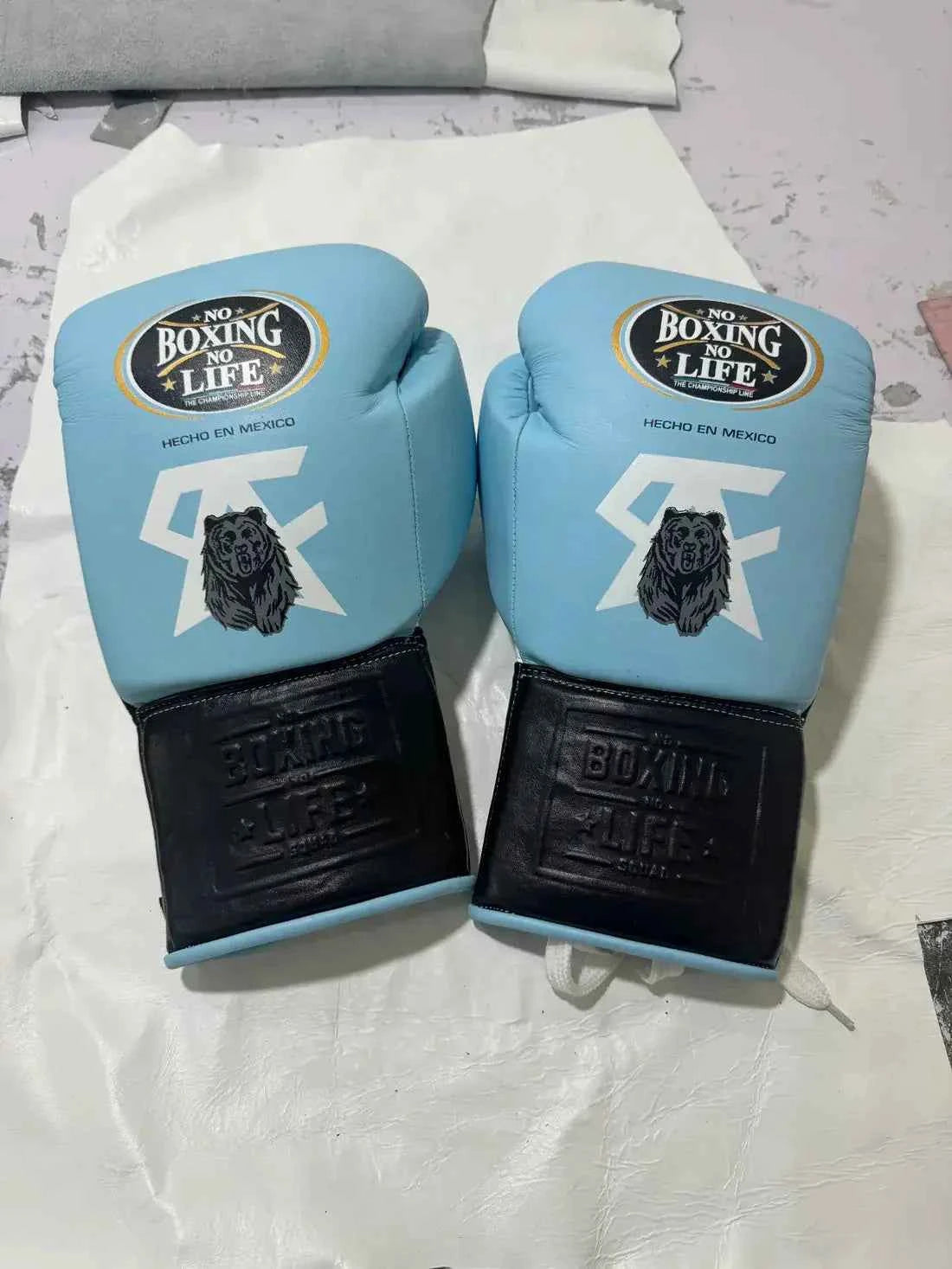 No Boxing No Life Professional Lace-Up Boxing Gloves - Sky Blue & Black Edition - PunchPro Boxing
