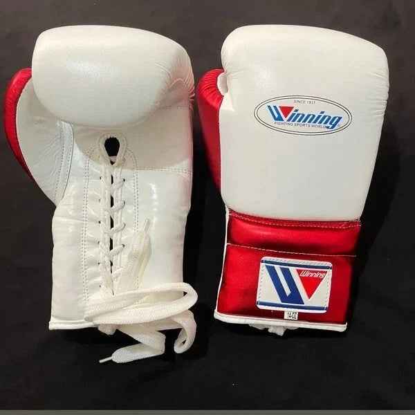 Winning Professional Boxing Gloves White/Red | Japanese Made Lace-Up Training & Sparring Gloves - PunchPro Boxing