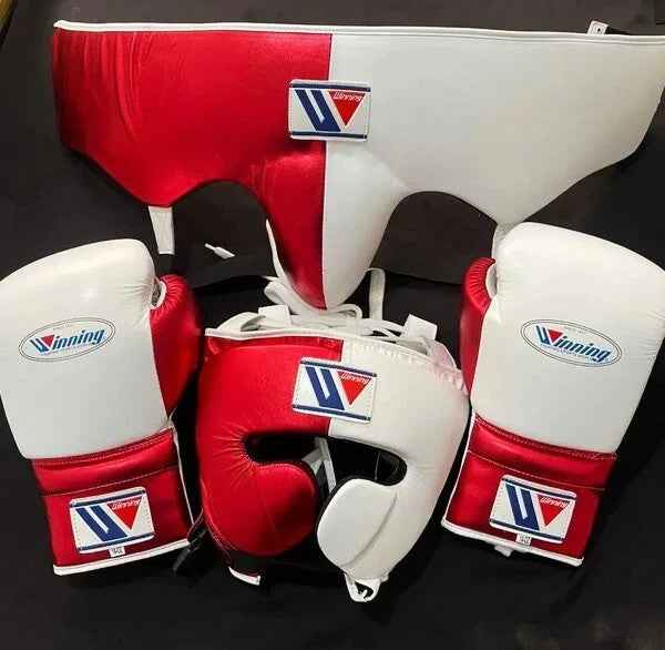Winning Professional Boxing Training Set - Custom Metallic Red & White (Gloves, Headgear & Groin Guard) - PunchPro Boxing