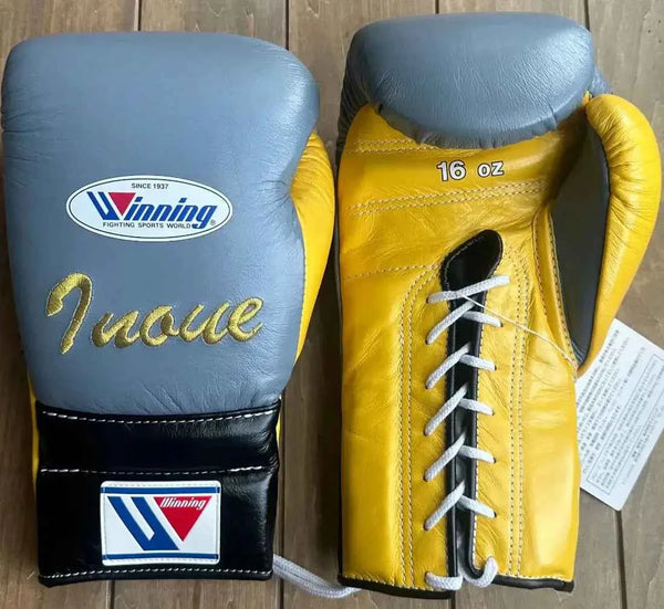 Winning Lace-Up Boxing Gloves - Custom Grey & Yellow Professional Boxing Gear