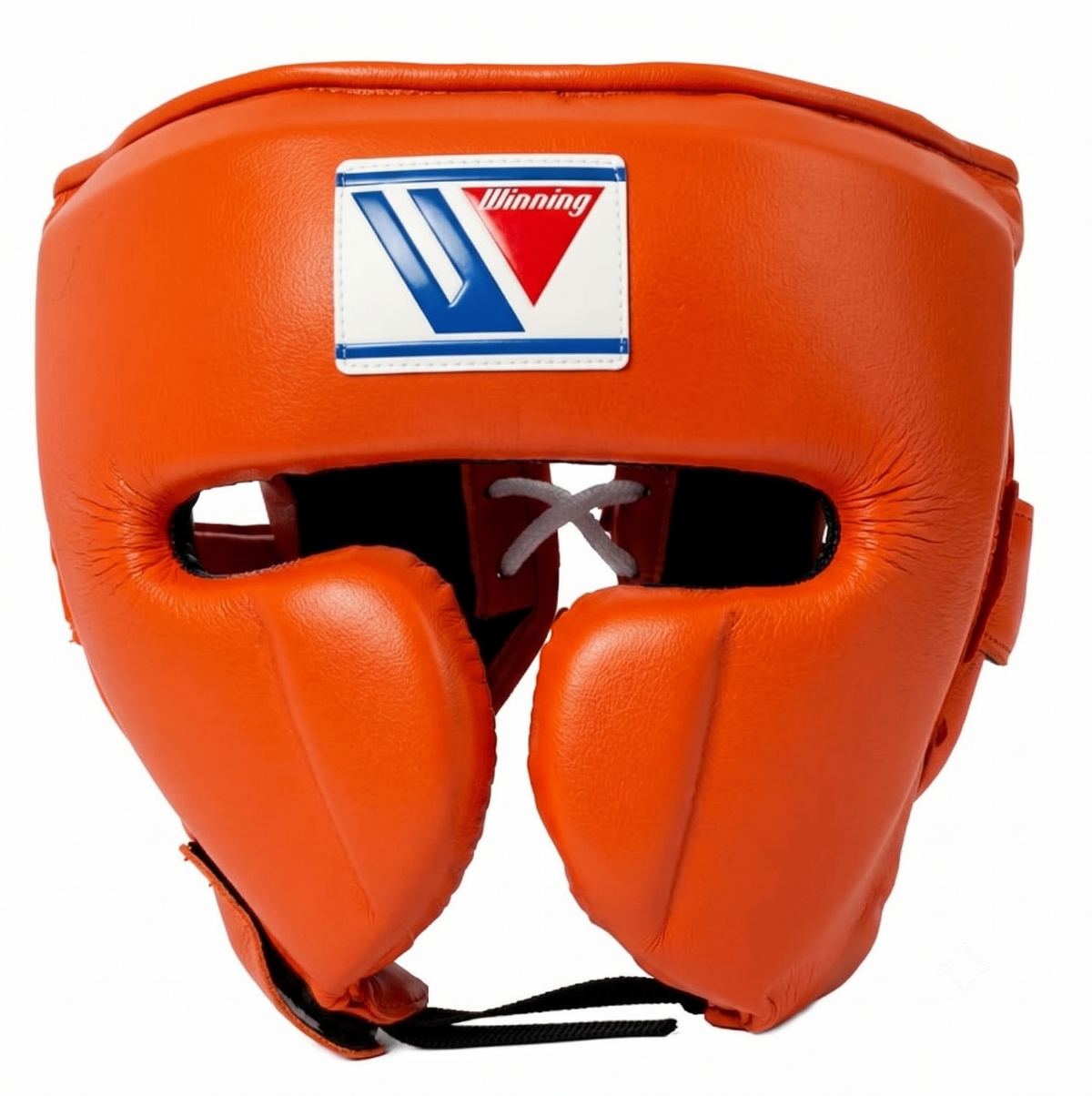 Gold and tan boxing headgear with cheek protection and logo patch