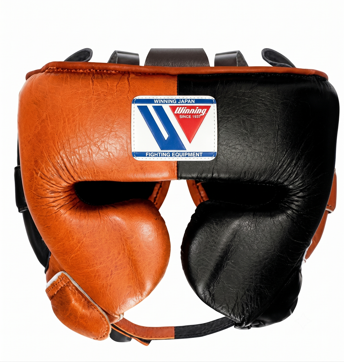 Orange and black split-colour boxing headgear with cheek protection