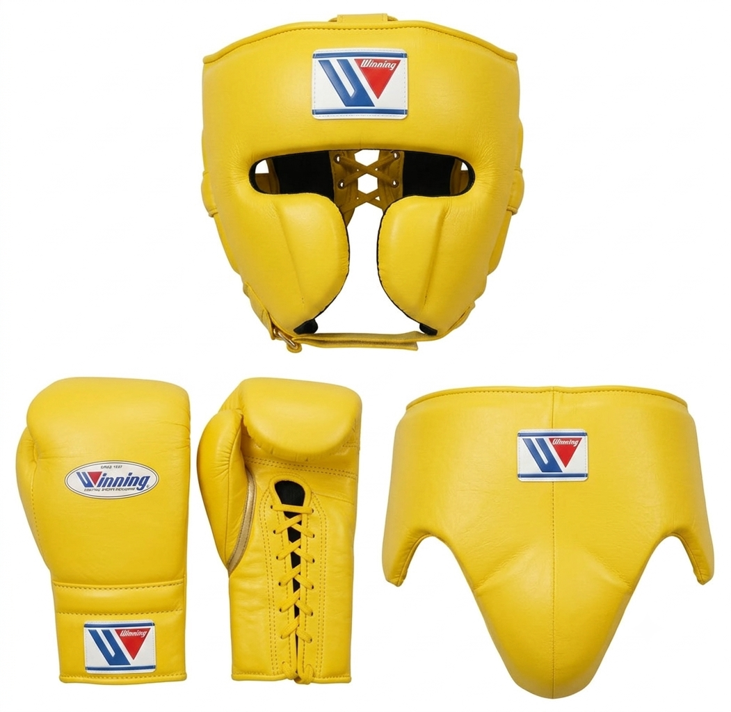 Winning classic yellow two-piece boxing set with lace-up gloves and headgear