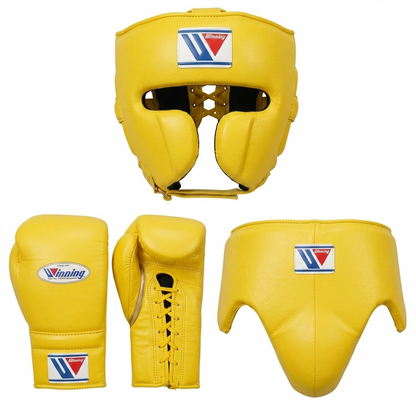 Winning classic yellow two-piece boxing set with lace-up gloves and headgear