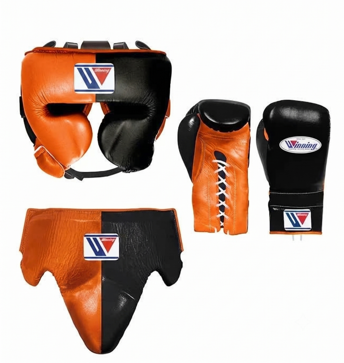 Winning orange and black boxing sparring set with lace-up gloves, headgear and groin guard