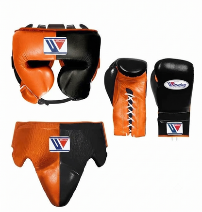 Winning orange and black boxing sparring set with lace-up gloves, headgear and groin guard