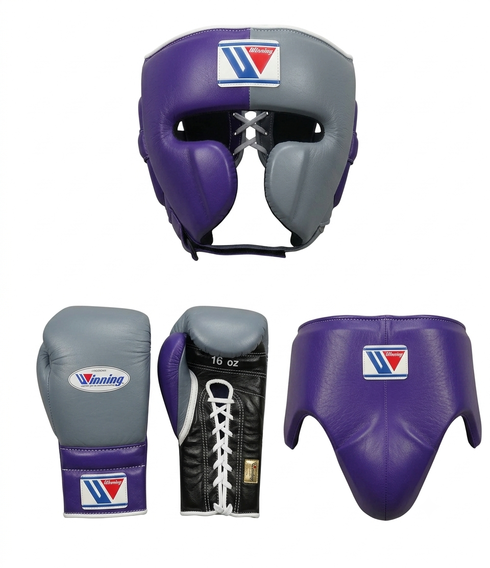 Winning metallic gray and purple boxing sparring set with gloves, split headgear and groin guard