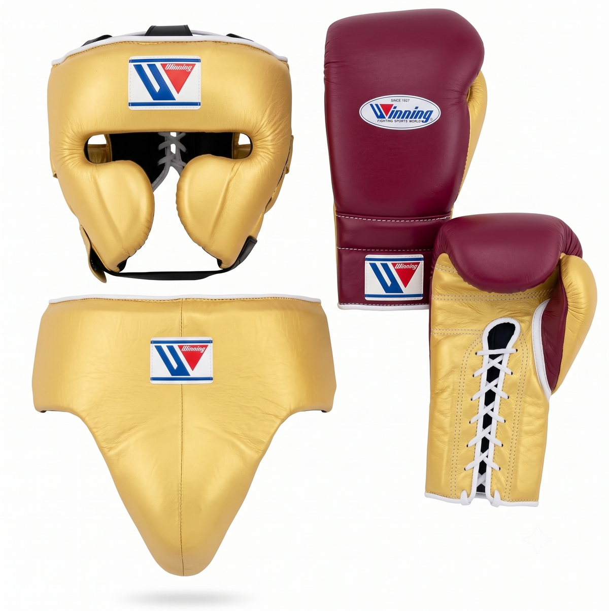 Winning gold and maroon boxing sparring set with lace-up gloves, headgear and groin guard